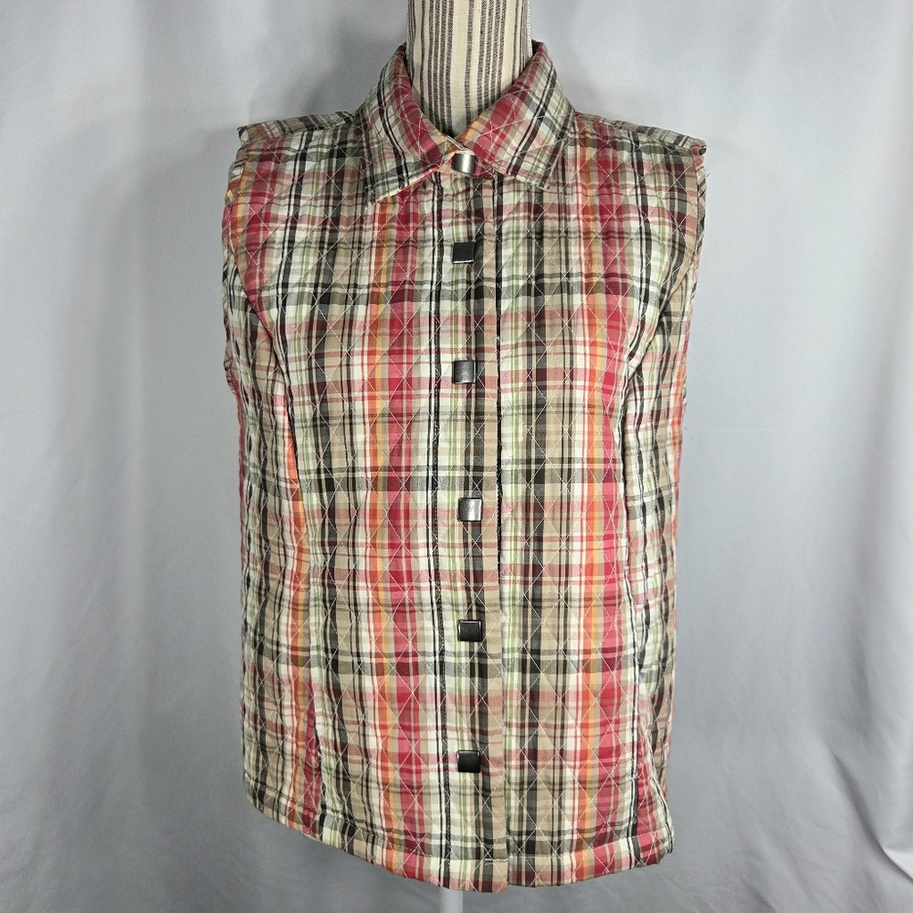 Erika NWOT Multicolored Plaid Snap Front Quilted Vest w/Pockets Size Medium